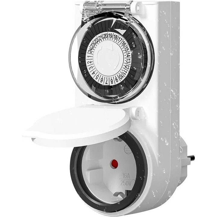 Priza programabila pentru exterior HBN 24h, 16A, IP44, Alb
