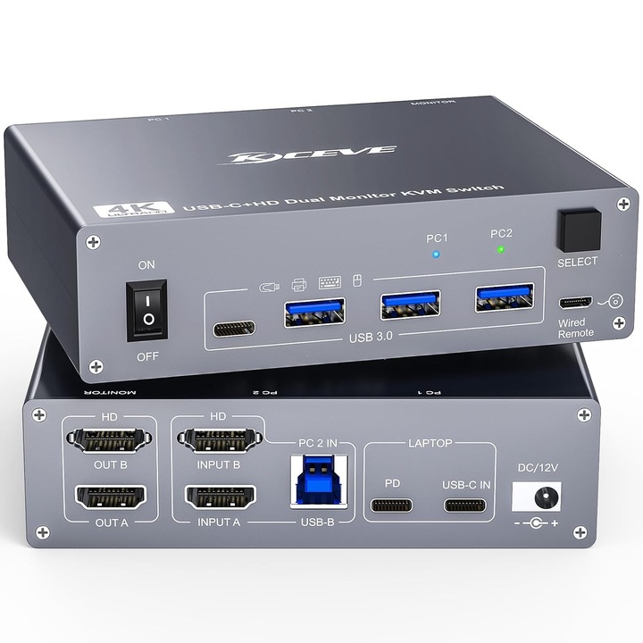 KVM Kapcsoló 2 PC 2 Monitor USB C HDMI 4K@60Hz, PD 60W