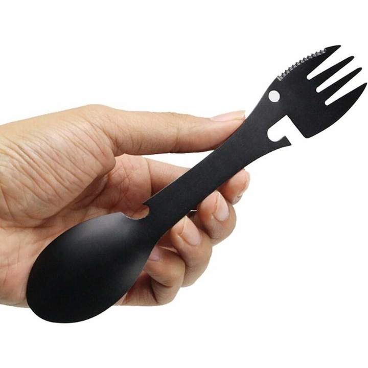 Tacamuri portabile multifunctionale de camping, negre, cu furculita, lingura si cutit integrate, potrivite pentru picnicuri in aer liber, drumetii si mese usoare. 1 bucata
