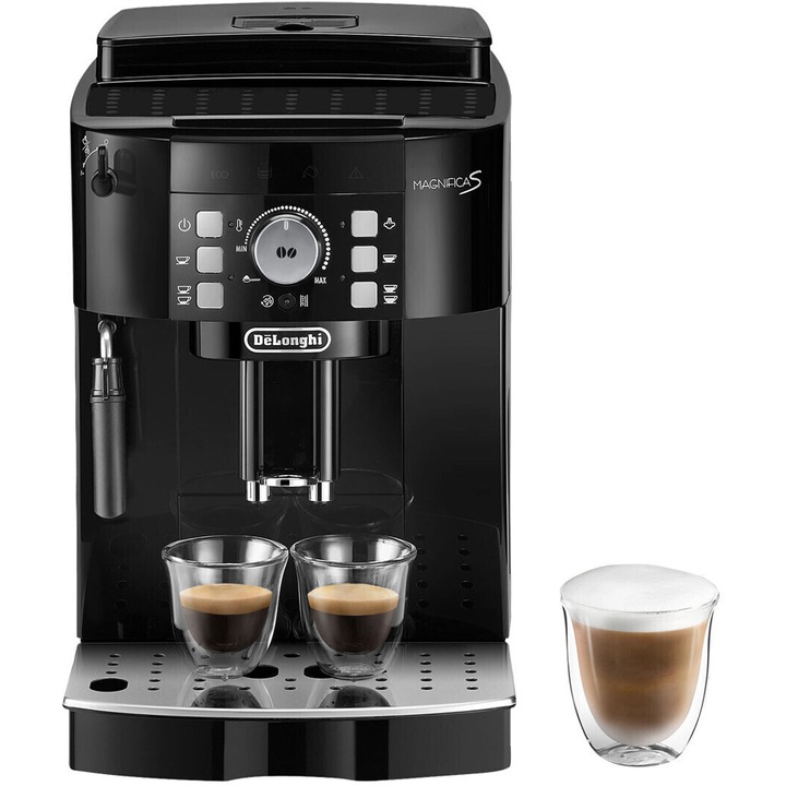 Espressor automat De'Longhi Magnifica S ECAM12.123.B, 4 retete automate, rasnita din otel cu 13 trepte, sistem manual de spumare lapte, 2 cafele simultan, rezervor 1.8L, 1450W, 15 bar, Negru