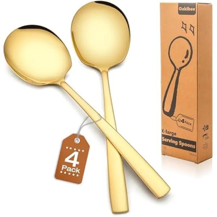 Set de 4 linguri de servire extra mari, aurii, cu diametrul de 29 cm, din otel inoxidabil 18/8, pentru bufet, petreceri, catering, banchete - Se poate spala in masina de spalat vase (pachet de 4, aurii)