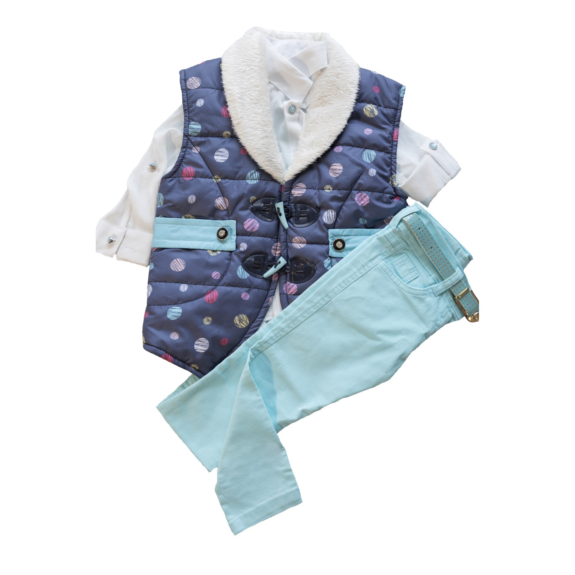 Compleu fete 3 piese, alb/ bleu, varsta 3 ani