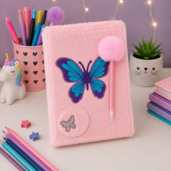 Set Agenda Jurnal din Plus cu Pix Asortat, 100 Pagini Dictando, 23 x 16 cm, Design Pufos cu Fluture, Roz Pastel, VisionXXI