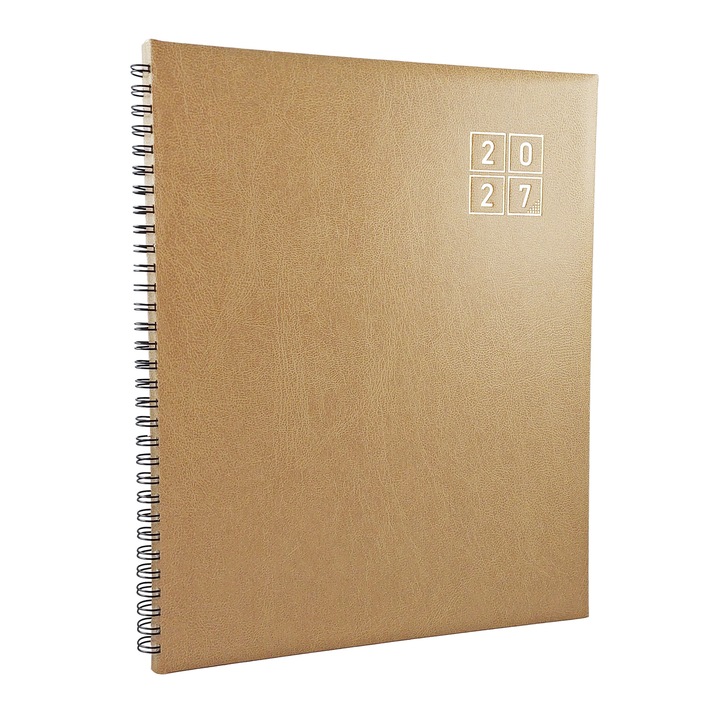 Agenda Datata 2027 Stilus pentru Programari, Format A4 (21x27 cm), 152 Pagini, Coperta Buretata Crem, Legare Spira Semiascunsa