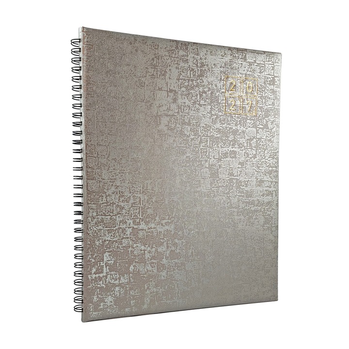 Agenda Datata 2027 Stilus pentru Programari, Format A4 (21x27 cm), 152 Pagini, Coperta Buretata Argintie, Legare Spira Semiascunsa