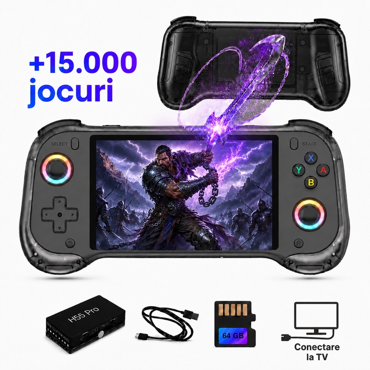 Consola Jocuri Retro Portabila Prodys, 15.000+ Jocuri, Conectare TV, 2GB RAM, Card 64GB, Comenzi RGB, 5000 mAH, Gaming
