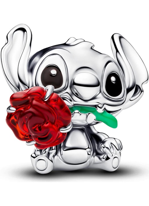 Talisman Kompatibilis Pandora Moments SUPER TRENDS®, Stitch Charm Piros Rózsával, Karkötő Talizmán 925 Sterling Ezüstből, Murano Üveg és Színes Zománc, Pandora Kompatibilis Charm, Rajzfilmfigura Modell, Piros, Ezüst