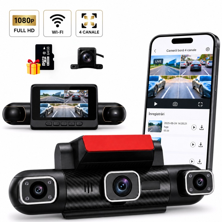 Camera de Bord Auto AH Solutions™, DVR 4 Canale, Full HD 1080P, 4 Camere, Fata + Interior Stanga/Dreapta + Spate, WiFi & App, Ecran IPS 3”, G-Sensor, Monitorizare Parcare, Inregistrare in Bucla, Time-Lapse, Blocare la Impact, Unghi 140°, Negru