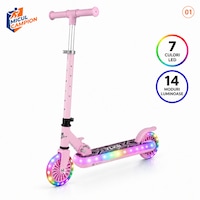 Trotineta copii LED Invincio Micul Campion Pilot, 2-10 ani, pliabila, 2 roti, 7 culori LED, 14 moduri iluminare, platforma anti-derapanta, roti luminoase, ghidon reglabil 3 nivele 76-87 cm, frana spate, cadru rezistent si usor suporta pana la 30kg, ROZ
