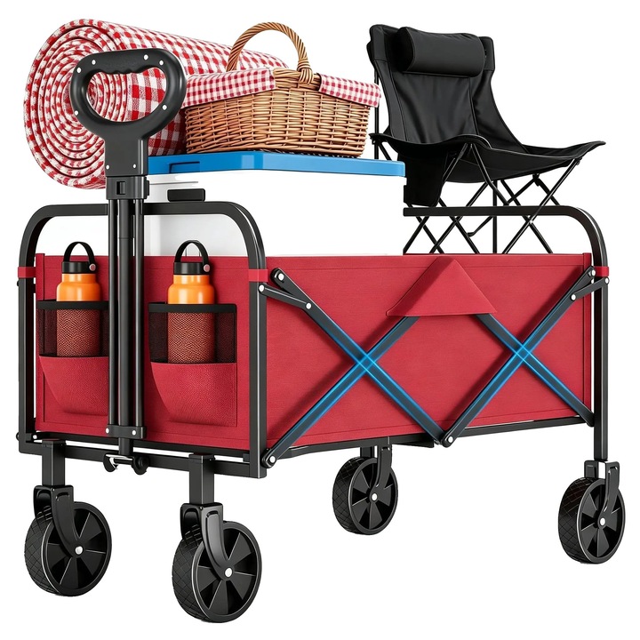 Carucior pliabil pentru transport, cadru otel, material 600D Oxford, capacitate 172 kg, volum 220 L, roti 360° all-terrain, maner telescopic ajustabil, rosu, 73 x 46.5 x 89.5 cm