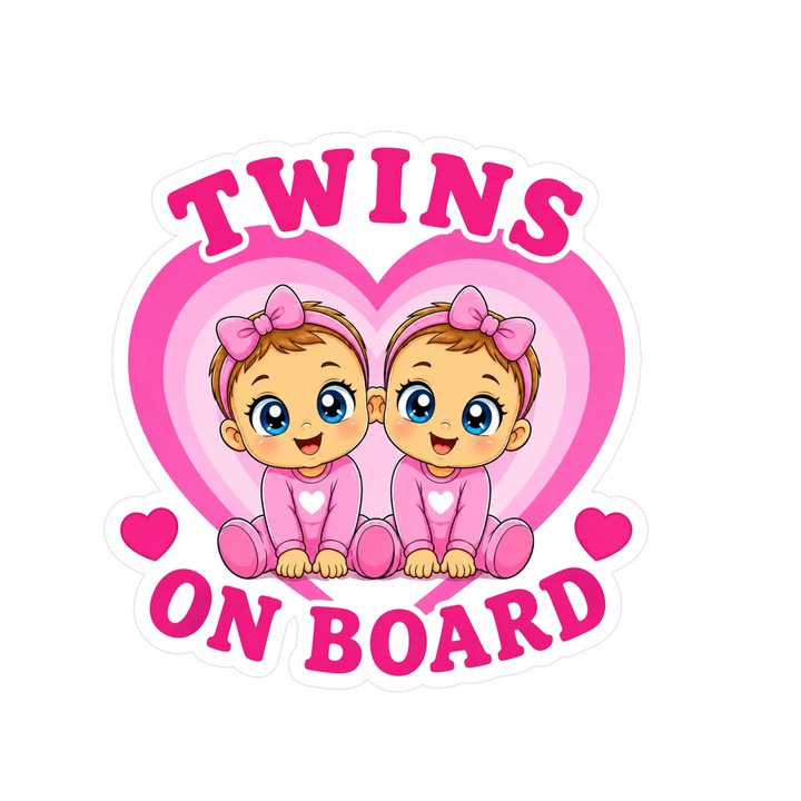 Sticker Baby on Board – Twins on board, fetite, roz, Autocolant Auto - 20cm