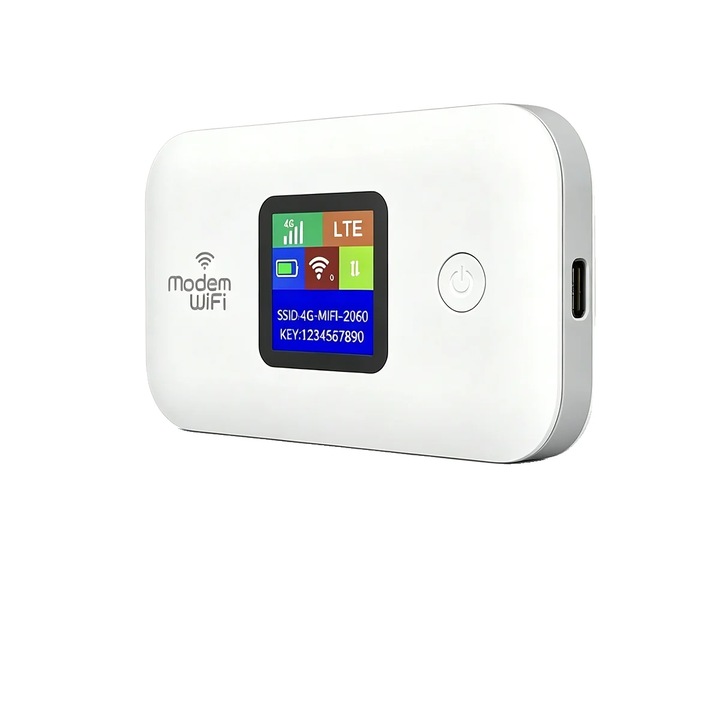Modem Wi-Fi portabil 8785371149757, letöltési sebesség 150 Mbit/s, feltöltési sebesség 50 Mbit/s, 2100 mAh akkumulátor, akár 10 felhasználó támogatása, 802.11 b/g/n, 5 GHz sáv, fehér, 115 x 70 x 20 mm