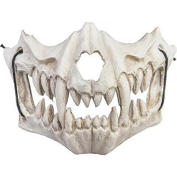 Masca craniu tigru din spuma PU, detalii realiste cu dinti sculptati, reglabila, alb-crem, marime unica