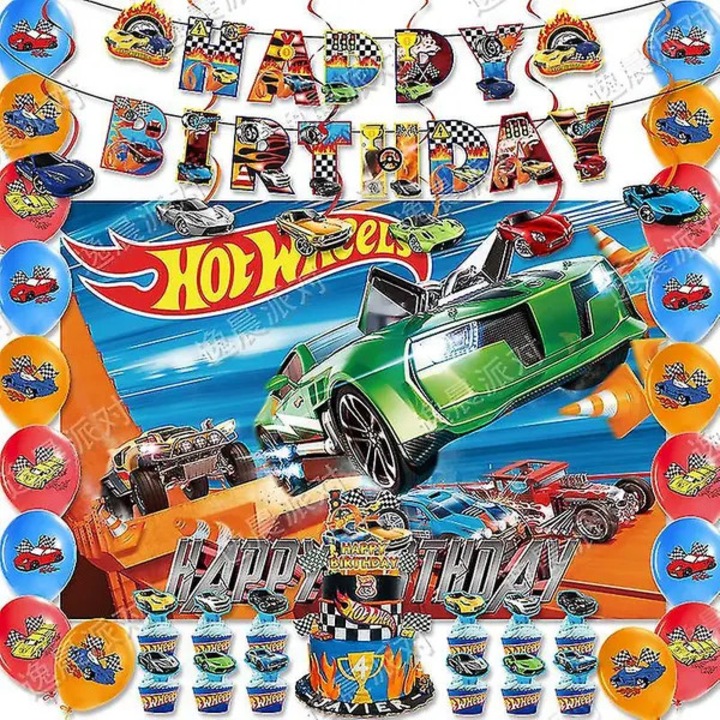 Декор за парти Hot Wheels, комплект за рожден ден с банер "Happy Birthday", фон, 18 балона, 12 малки топъра за торта, голям топър за торта, 6 поставки, връв, многоцветен