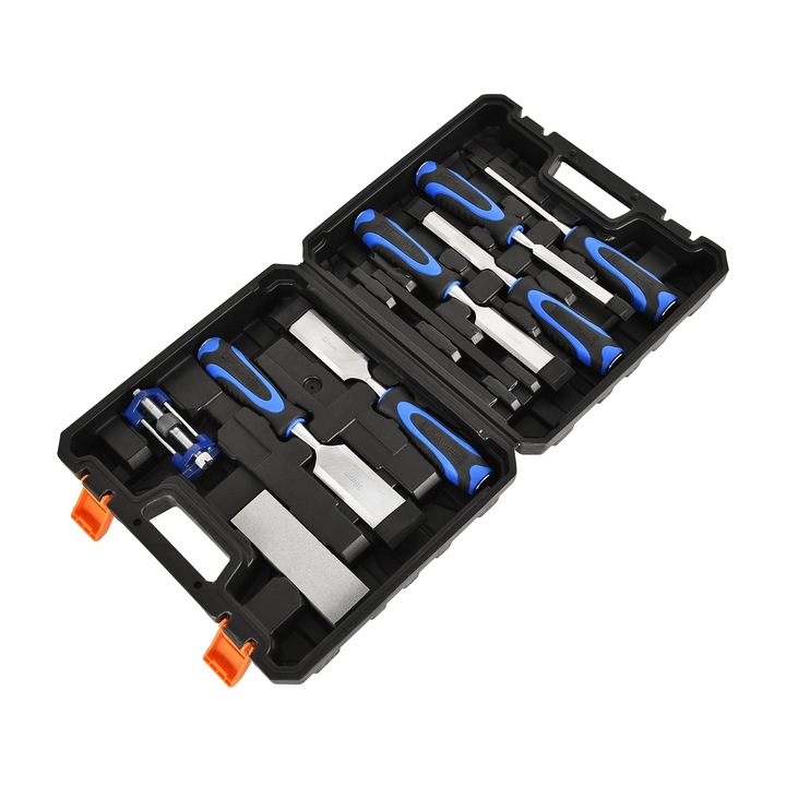 Set dalti pentru lemn din aliaj crom-vanadiu cu maner ergonomic anti-alunecare si piatra de ascutit, negru/albastru, 6 piese (6/12/19/25/32/38 mm), lungime 260 mm
