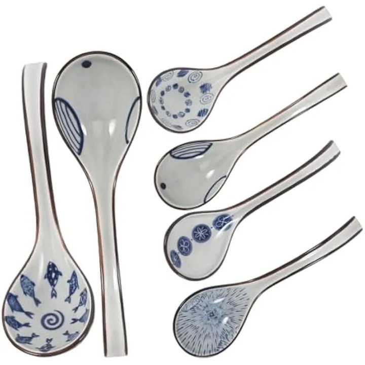 Linguri pentru supa ceramice, K0584-CJ-260826-674, model japonez cu motive albastre, alb/albastru, set 6 buc