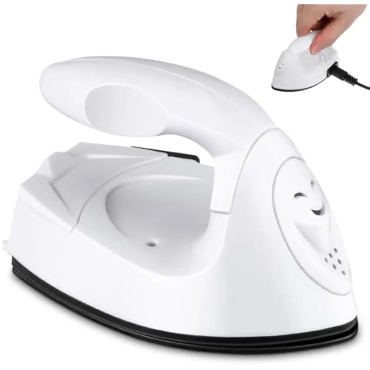 Mini fier de calcat pentru craft si transfer termic K0584-CJ-260826-1977, talpa antiaderenta cu efect oglinda, orificii de ventilatie, incalzire rapida 1,5 min, 180°C, alb