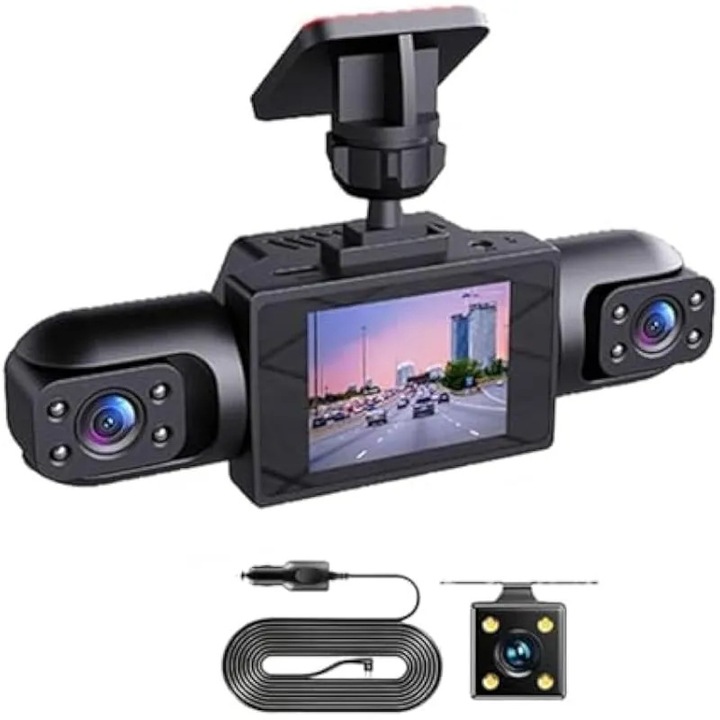 Camera auto DVR 360° cu 4K fata (170°) si 1080p lateral/spate (120°), ecran IPS 3.16 inch, detectie miscare si mod parcare, inregistrare ciclica, carcasa ABS, model K0582-CJ-260826-1709, negru