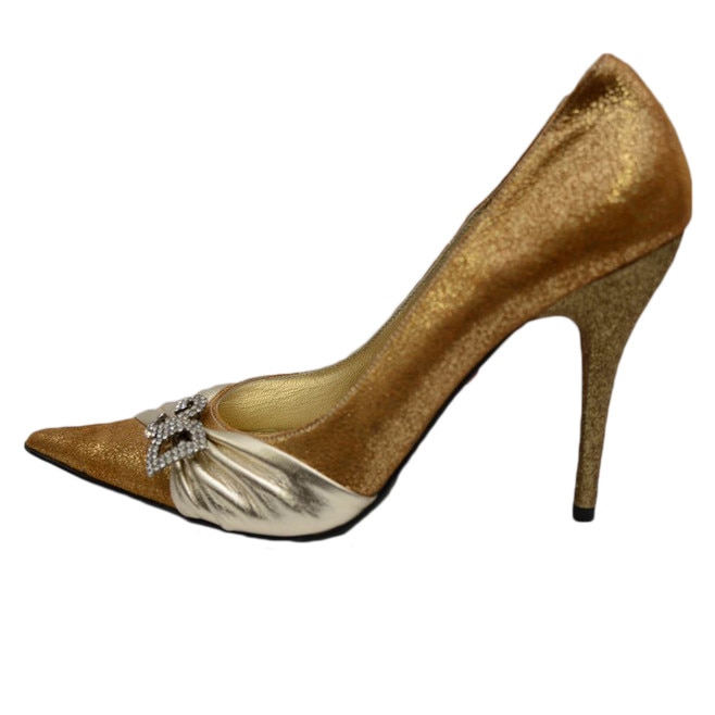 Pantofi cu toc cui, piele naturala, varfuri ascutite, D&J Exclusive, Auriu