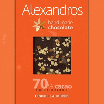 Ciocolata neagra cu portocale si migdale, Alexandros, 70% cacao, amaruie, 90g
