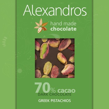 Ciocolata neagra cu fistic, Alexandros, 70% cacao, amaruie, 90g