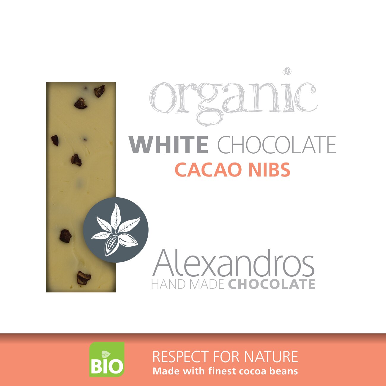 Ciocolata alba cu fulgi de cacao, Alexandros, BIO, hand made, 90 g