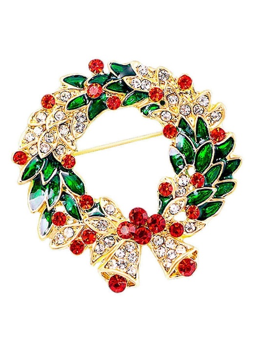 Brosa coronita de Craciun din metal placat cu aur, email verde si cristale rhinestone multicolore
