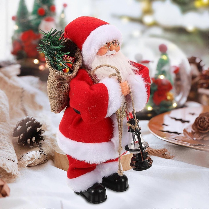Set 2 figurine Mos Craciun decorative din plus si textile, cu sac de cadouri si felinar, rosu/alb, 2 buc.