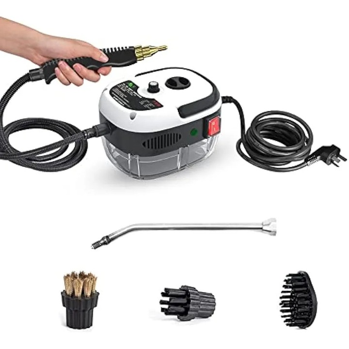 Aparate de curatat cu abur, aparat de curatat cu abur sub presiune la temperatura inalta, portabil, de 2500 W, cu capete de perie pentru bucatarie, baie, masina (1000 ml, alb si rosu)