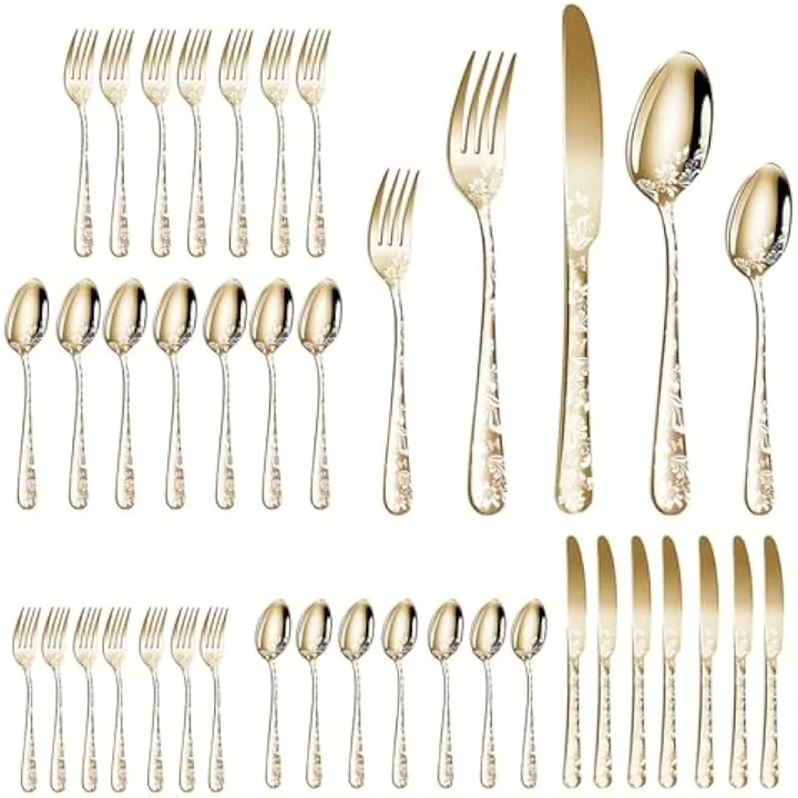 Set de tacamuri din otel inoxidabil, 40 buc., lustruit oglinda, 8 furculite, lingurite, furculite de ceai, lingurite, model floral frumos, bucatarie, restaurant, petrecere (auriu)