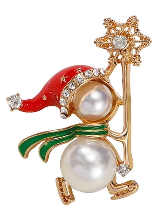 Brosa din metal placat cu aur cu perla sintetica, email si rhinestone, om de zapada de Craciun cu baston, multicolor