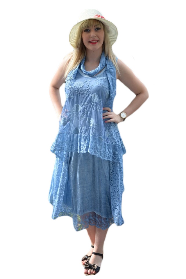 Rochie de dama cu broderie florala si dantela , D&J Exclusive, Albastru