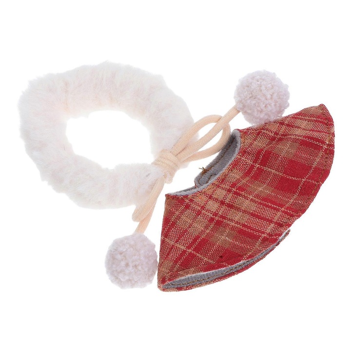 Pelerina cu gluga pentru papusi, textil, cu pompoane, tematica Craciun, rosu/crem