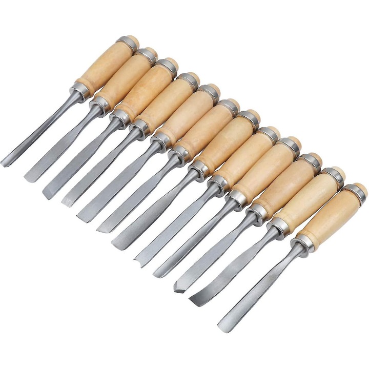 Set dalti pentru sculptura in lemn, 12 piese, maner din lemn, lame din otel calit, husa rulabila din piele, ~20 cm