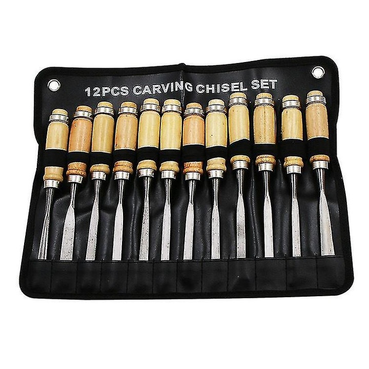 Set de 12 dalti pentru sculptura in lemn CJ-FRG-K0563-20260817-3246, manere din lemn, lama din otel calit, husa rulou din piele, natural/negru