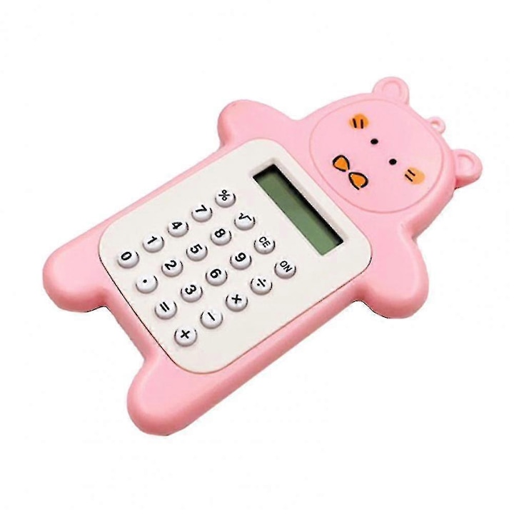 Калкулатор дигитален K0548-260826-DC-4131, 8 цифри, захранване с батерия тип монета, пластмасов корпус, модел мече с отвор за закачане, розов/бял