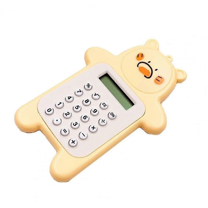 Калкулатор дигитален модел K0548-260826-DC-4133, джобен, 8 цифри, пластмасов корпус, захранване с монетна батерия, с отвор за закачане, форма на мече, светло жълт