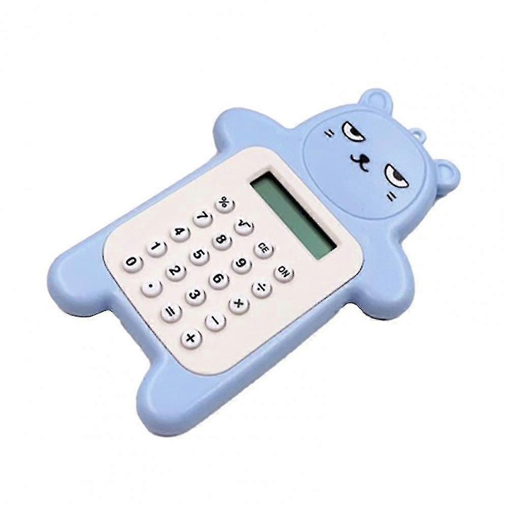 Дигитален джобен калкулатор K0548-260826-DC-4134, 8 цифри, пластмасов корпус във формата на мече, светлосин/бял, захранване с бутонна батерия, отвор за закачане