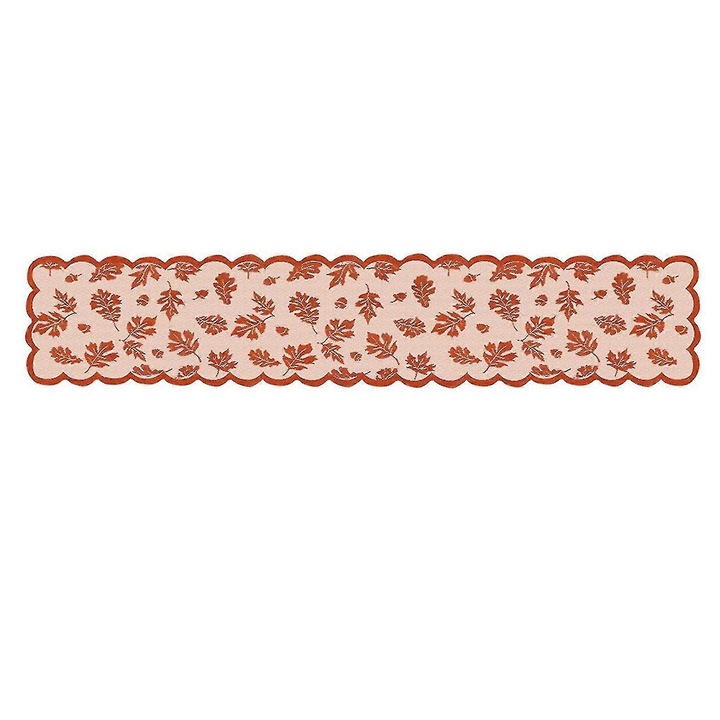 K0548-260826-DC-5626 asztali futó, juharlevél mintás csipke hullámos szegéllyel, bézs/narancs, 13 x 72 hüvelyk
