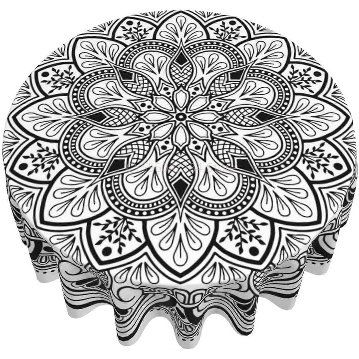 Kerek asztalterítő K0548-260826-DC-6026, 100% poliészter, mandala mintás, víztaszító és mosható, fekete/fehér, O 150 cm