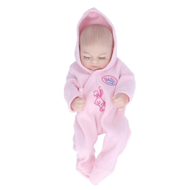 Papusa reborn bebelus din silicon K0548-260826-DC-8500, 26 cm, cu pijama roz, fara par (cap pictat), lavabila