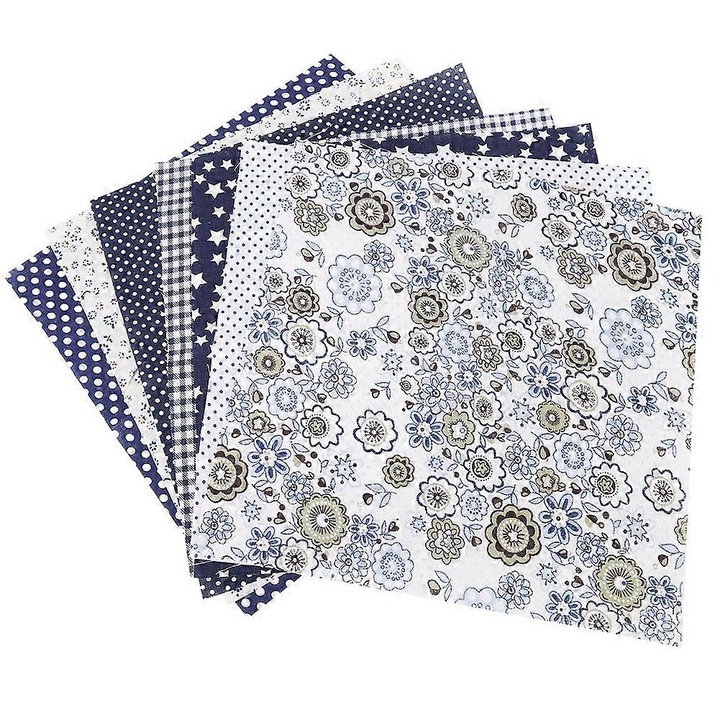 7 darabos 100% pamut anyagkészlet varráshoz és kézműveskedéshez, virágos és pöttyös/kockás mintával, fehér/sötétkék, 50 x 50 cm