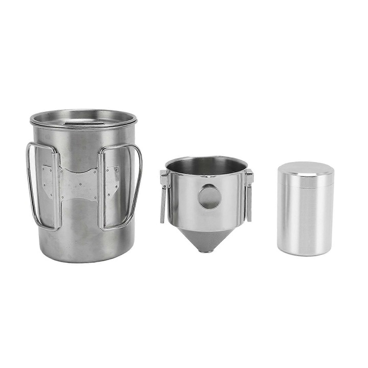 Set pentru preparare cafea pour-over din otel inoxidabil 304, filtru pliat reutilizabil, cana cu capac si recipient pentru pudra, inox