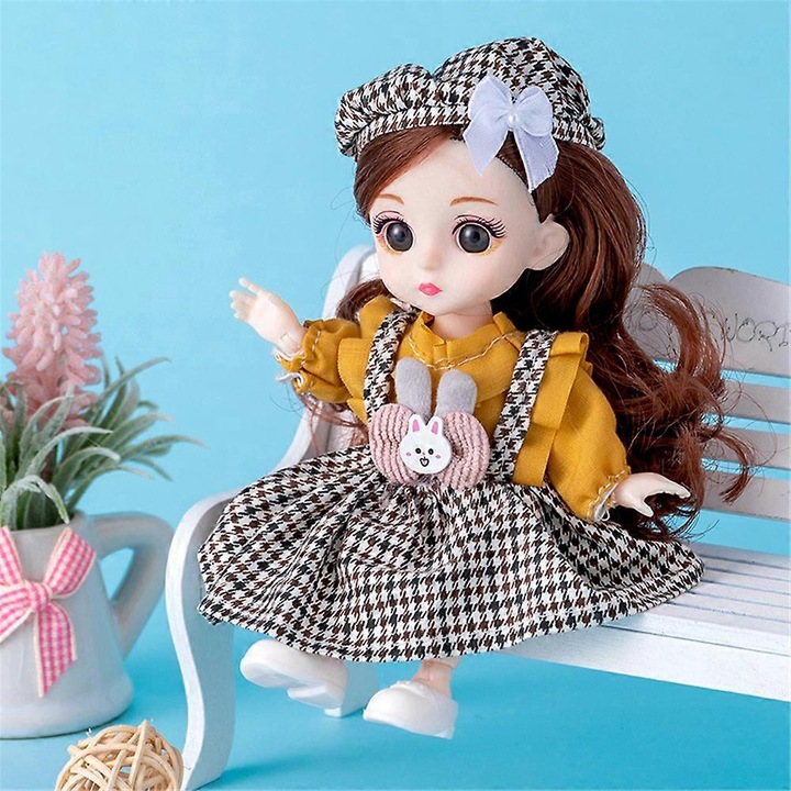 Papusa BJD articulata K0548-260826-DC-2028, 13 articulatii, din plastic, cu haine si pantofi detasabili, multicolor, 16 cm