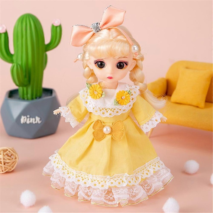 Papusa BJD articulata 13 articulatii K0548-260826-DC-2034, 16 cm, rochie galbena, set cu accesorii