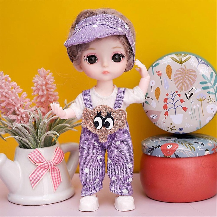 Papusa BJD articulata din plastic, 13 articulatii, cu haine si incaltaminte detasabile, mov, 16 cm