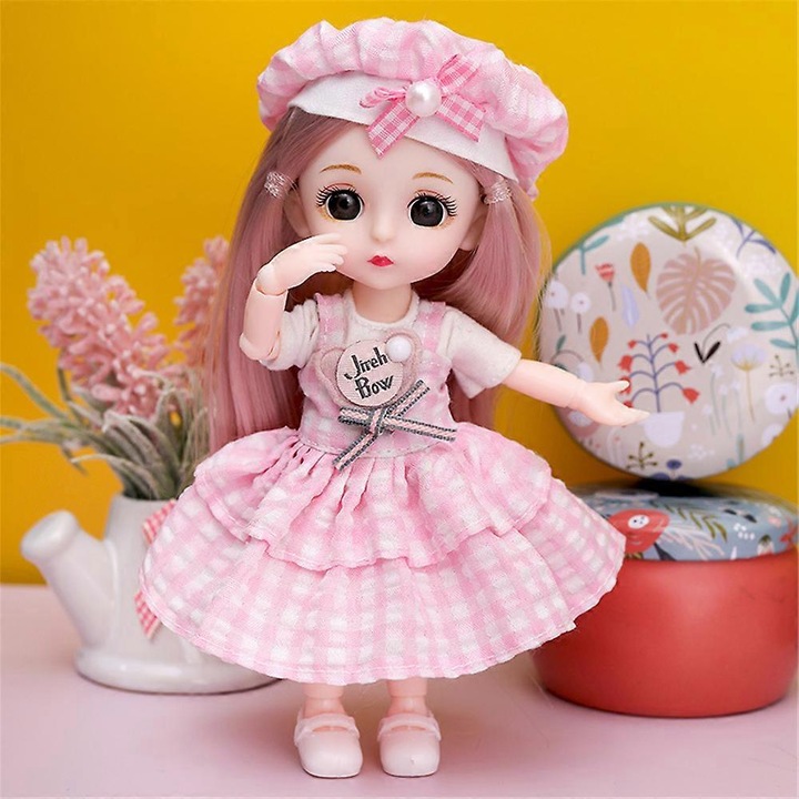 Papusa BJD K0548-260826-DC-2030, 16 cm, plastic, 13 articulatii, cu haine si pantofi detasabili, roz