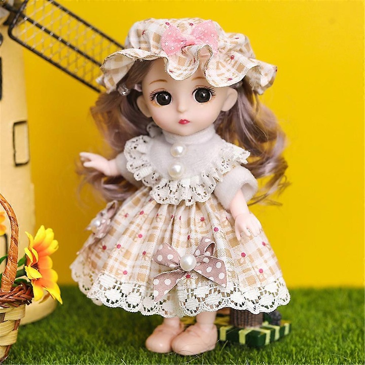 Papusa BJD 16 cm din plastic, 13 articulatii, cu haine si accesorii, multicolor