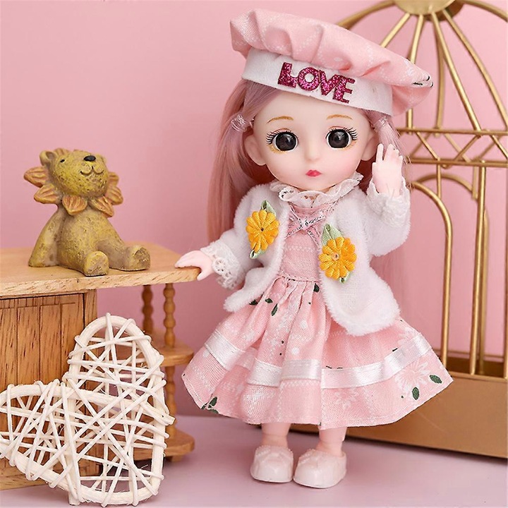 Papusa BJD articulata 13 articulatii, 16 cm, plastic, cu haine si accesorii, roz