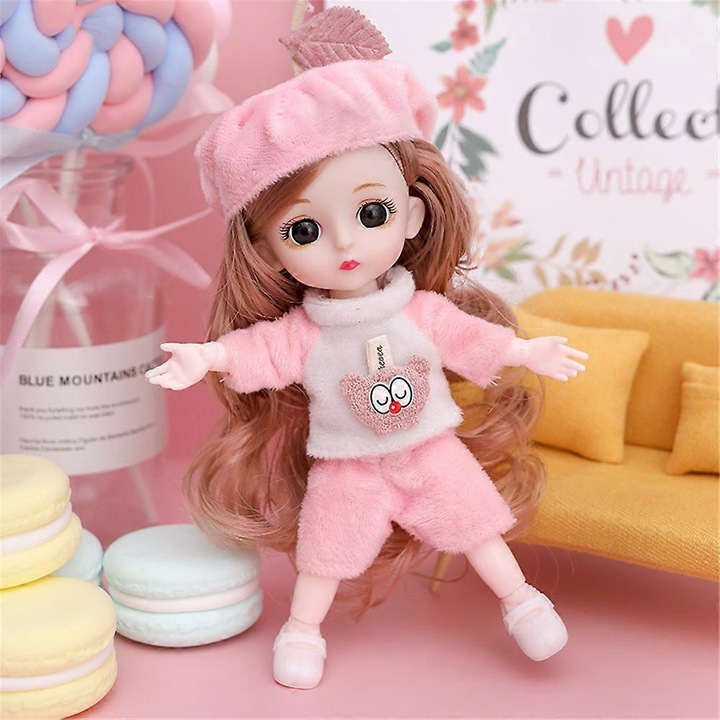 Papusa BJD 16 cm, din plastic, 13 articulatii, cu haine si pantofi detasabili, roz